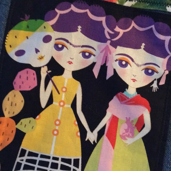 Freida Kahlo Upcycled Denim bamboo handles purse - Picture 6 of 8